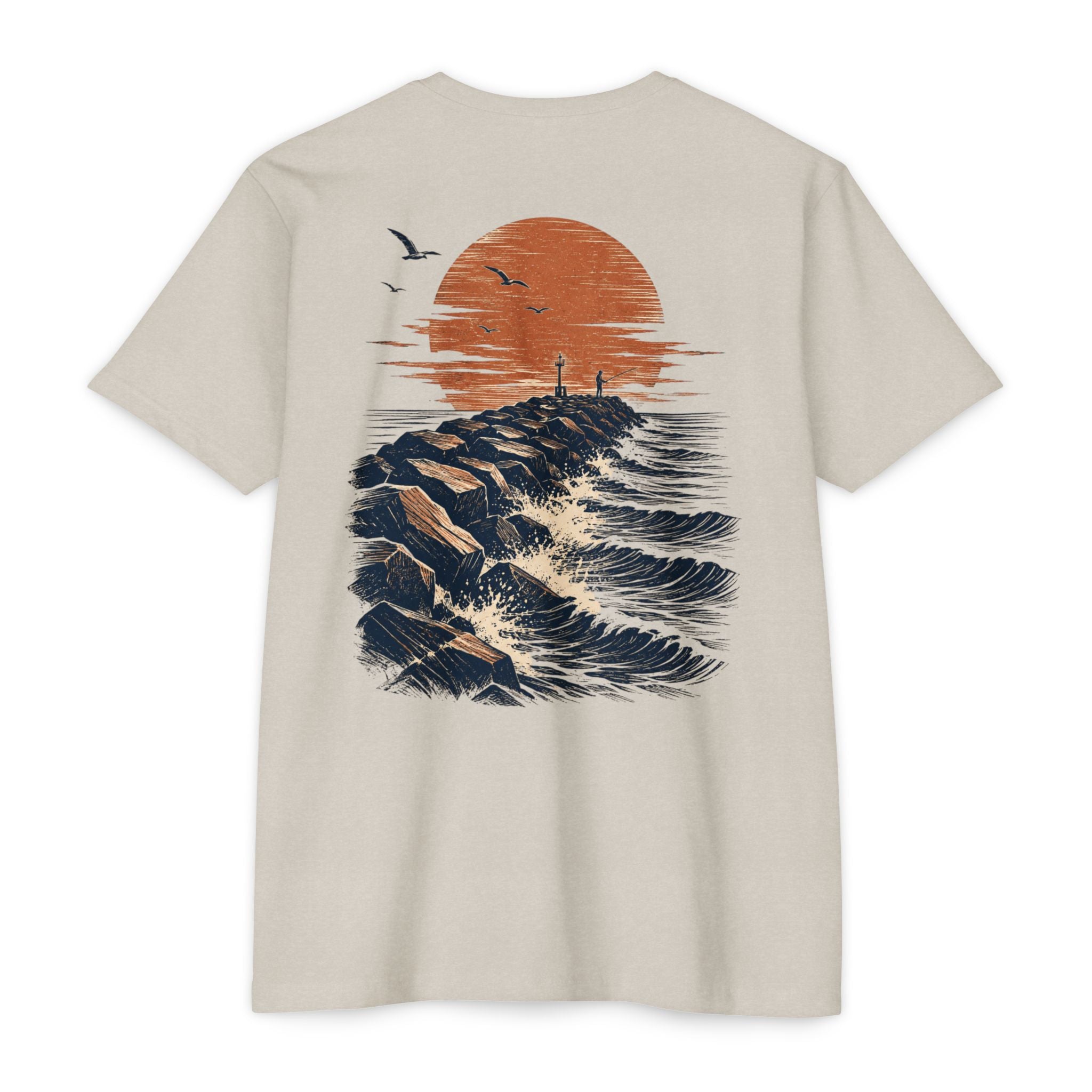 Sand Port Aransas Jetty Sunset fishing shirt featuring crashing Gulf waves, granite jetties, seabirds, and a coastal sunset