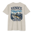 Sand Venice Louisiana fishing shirt featuring yellowfin tuna, offshore boats, Gulf oil platform, and ocean artwork