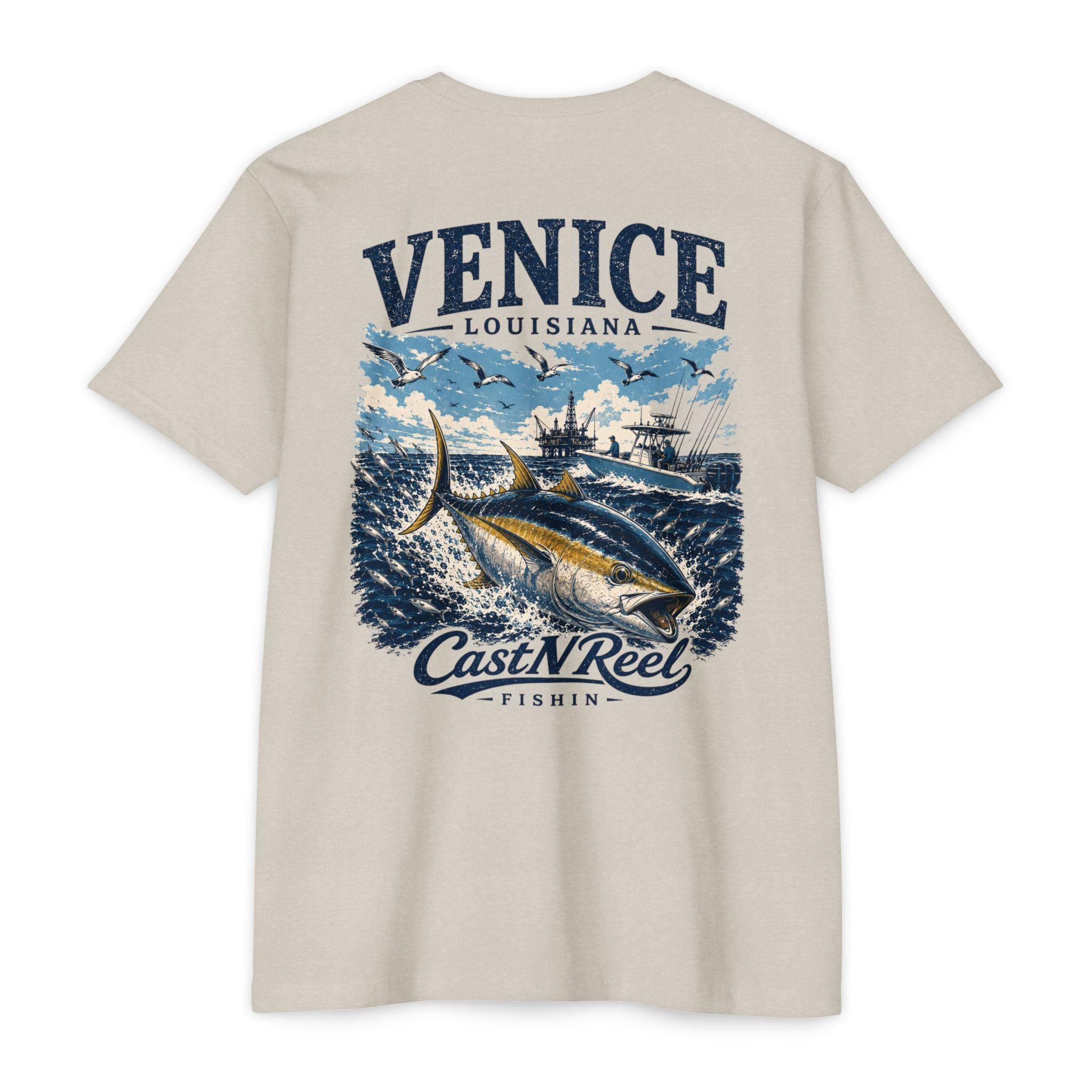 Sand Venice Louisiana fishing shirt featuring yellowfin tuna, offshore boats, Gulf oil platform, and ocean artwork