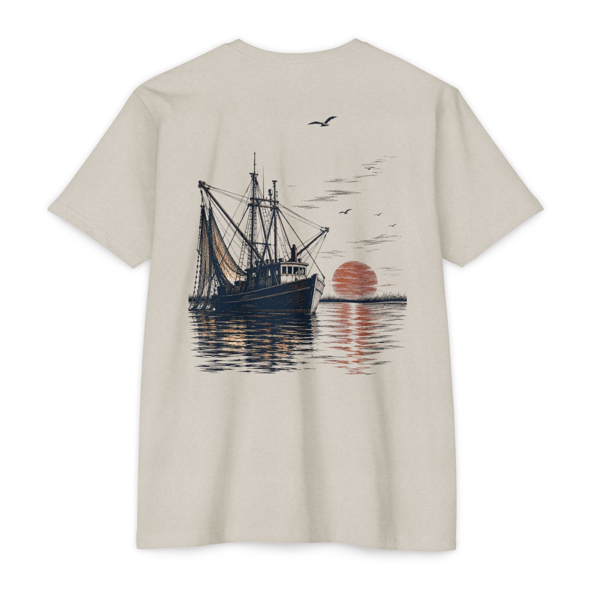 Sand vintage shrimp boat sunset fishing shirt featuring a Gulf Coast shrimp trawler on calm coastal waters at sunset
