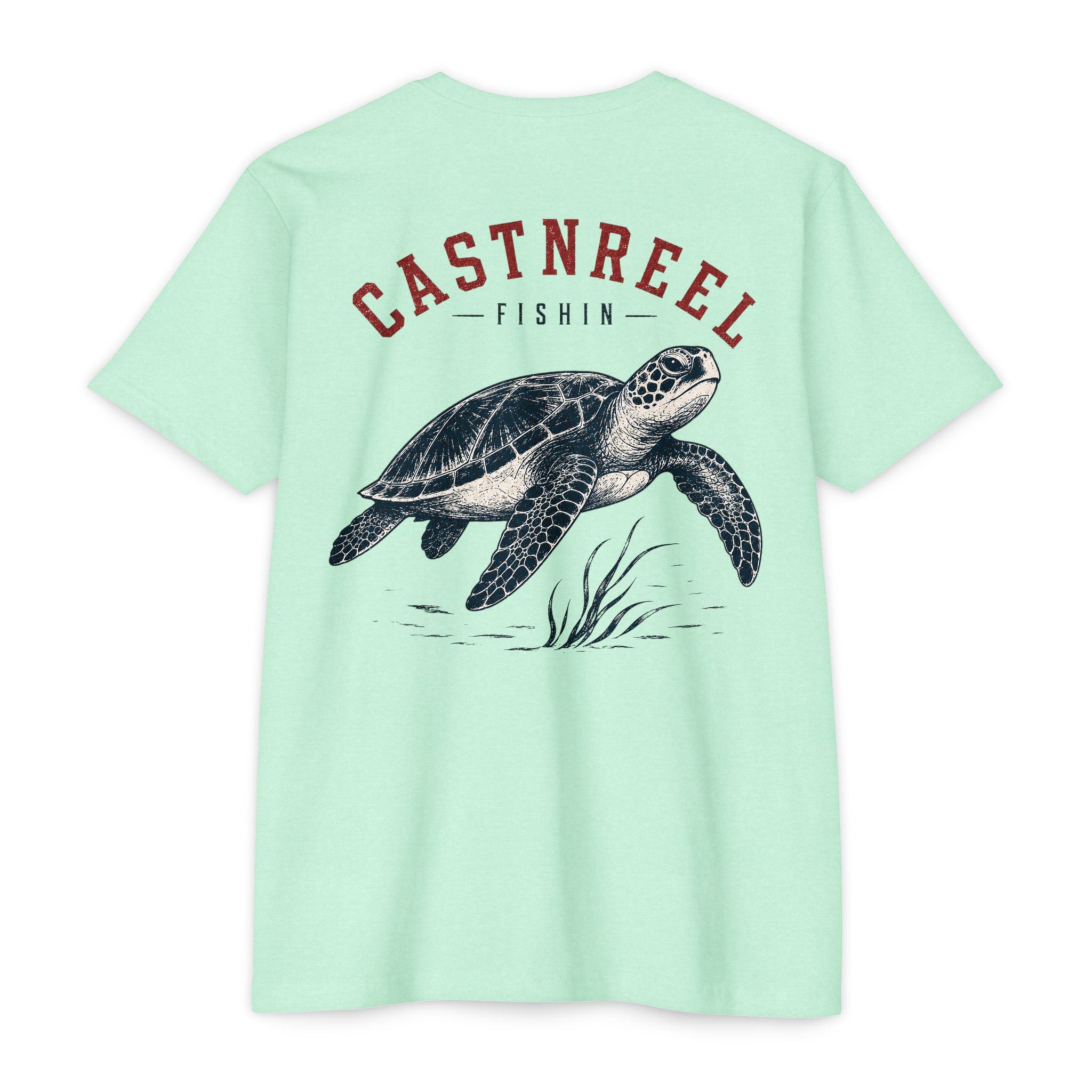 Mint Sea Turtle Fishing Shirt featuring a vintage sea turtle illustration