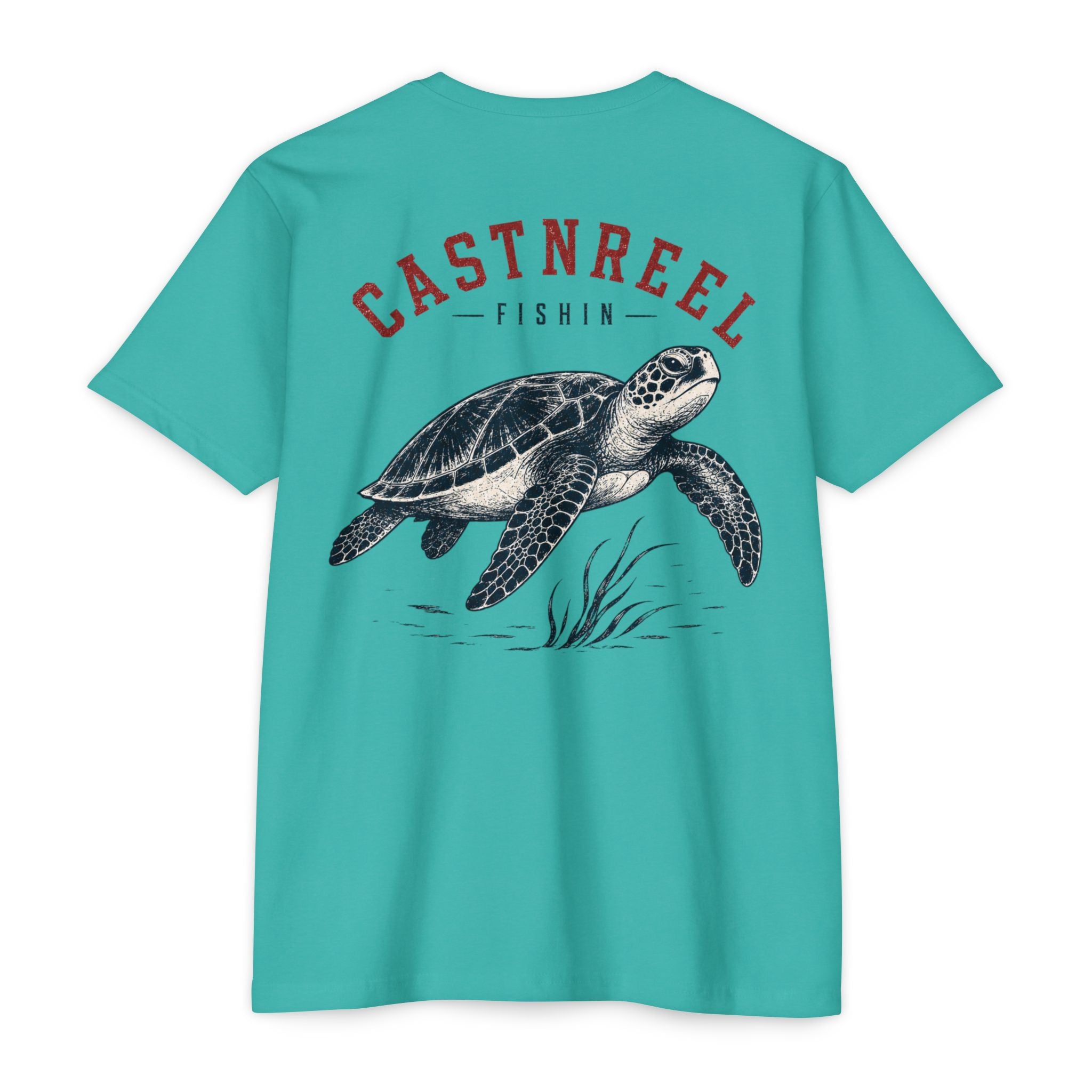 Teal Sea Turtle Fishing Shirt featuring a vintage sea turtle illustration