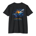 Black Shark Strike Shirt featuring a great white shark bursting through the ocean with an offshore fishing boat and sunset artwork