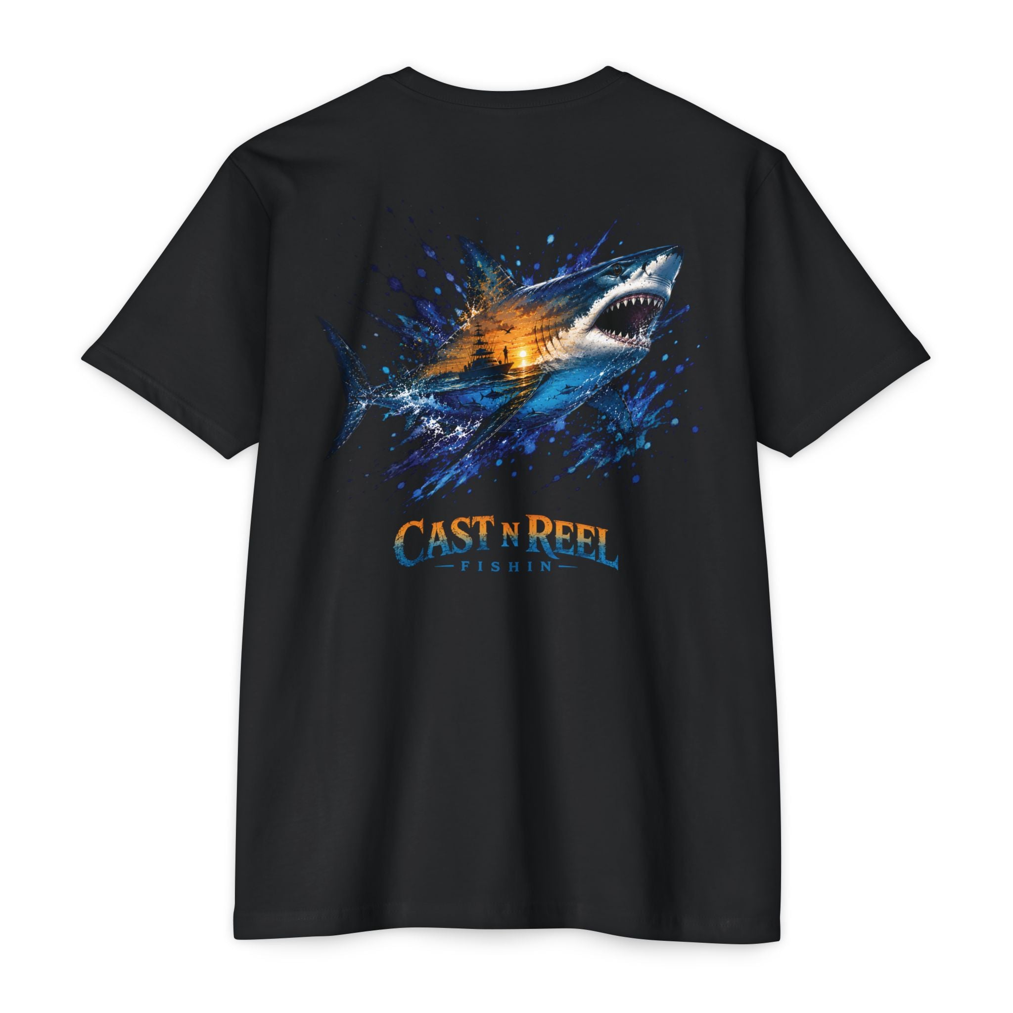 Black Shark Strike Shirt featuring a great white shark bursting through the ocean with an offshore fishing boat and sunset artwork