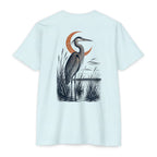 Ice Blue South Texas Heron Shirt featuring a great blue heron standing in a coastal marsh