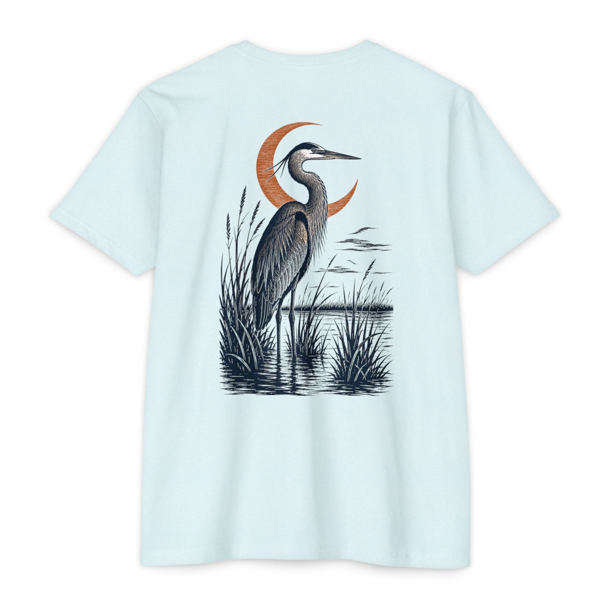 Ice Blue South Texas Heron Shirt featuring a great blue heron standing in a coastal marsh
