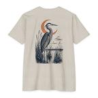 Sand South Texas Heron Shirt featuring a great blue heron standing in a coastal marsh