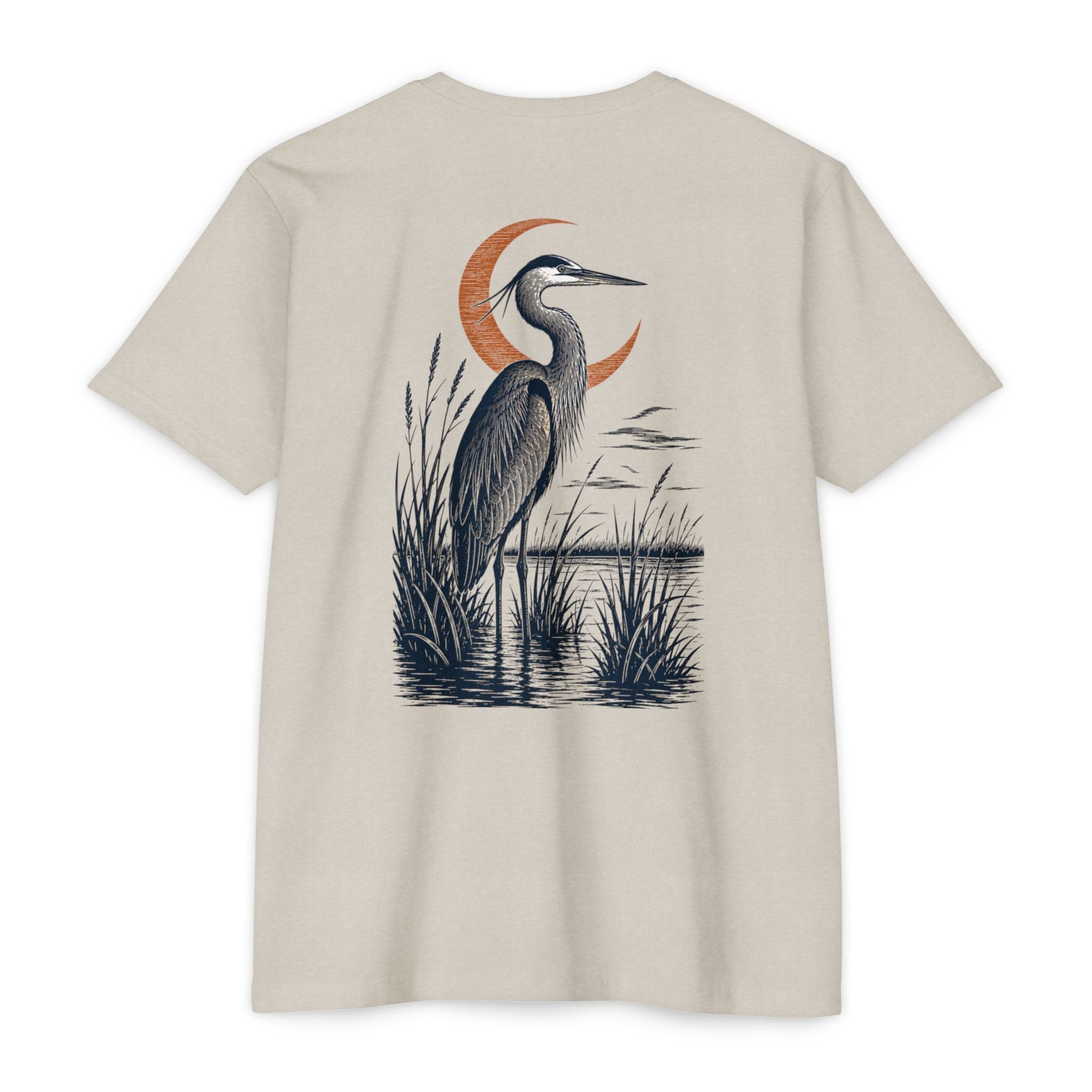 Sand South Texas Heron Shirt featuring a great blue heron standing in a coastal marsh