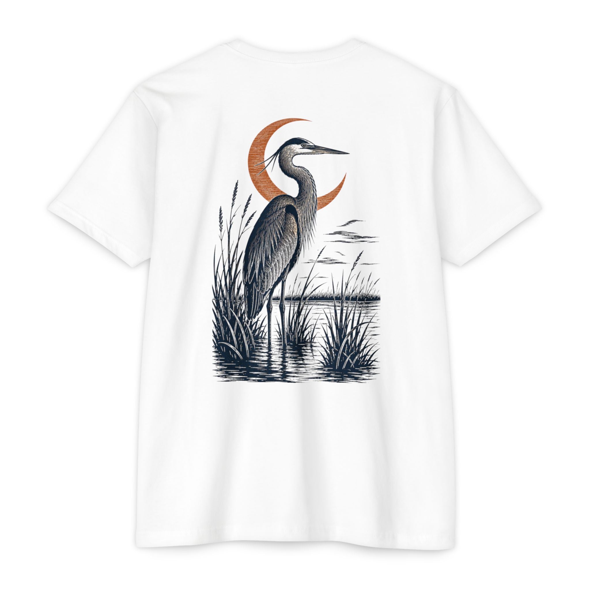 White South Texas Heron Shirt featuring a great blue heron standing in a coastal marsh
