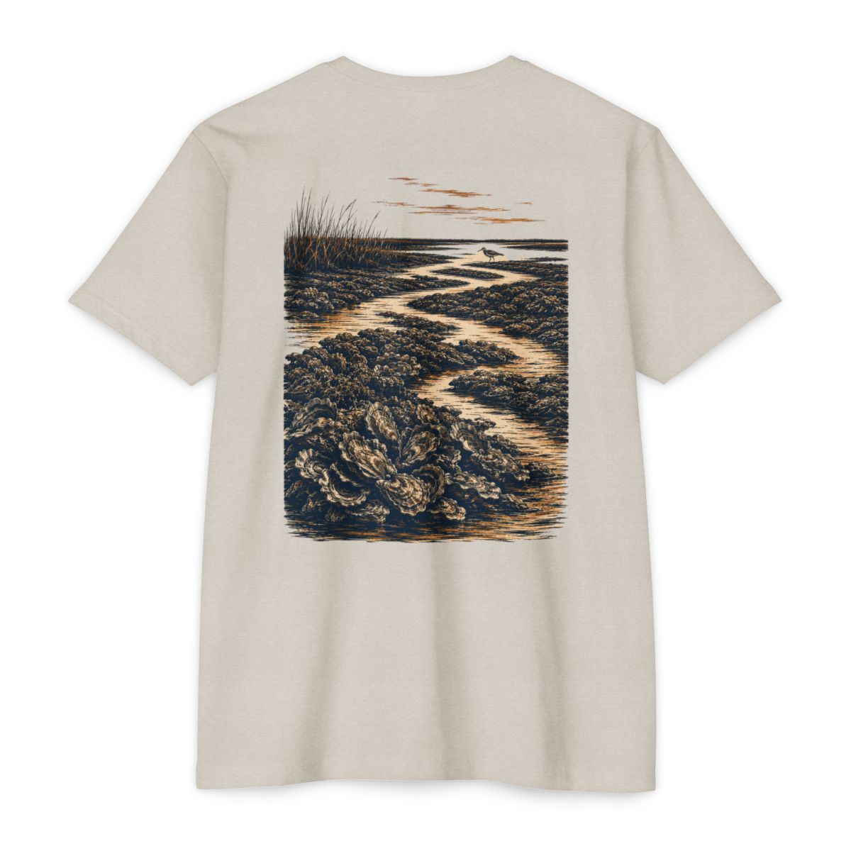 Sand South Texas Oyster Reef Shirt featuring coastal oyster reefs, marsh grass, and winding tidal creeks