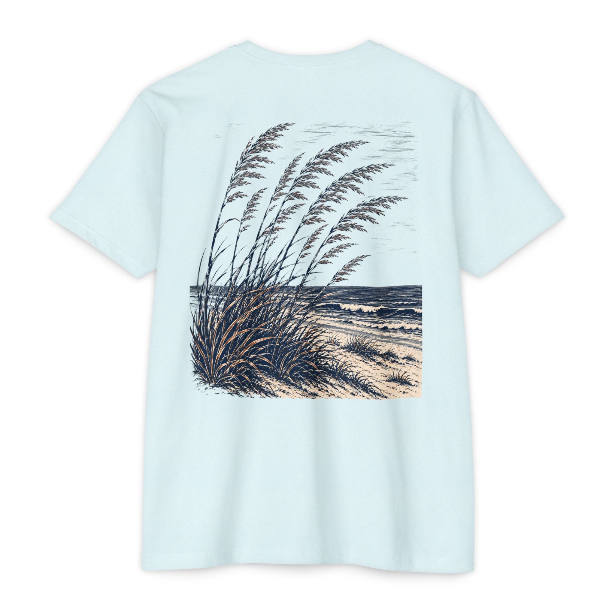 Ice Blue South Texas Sea Oats Shirt featuring windswept sea oats on a Gulf Coast beach