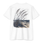 White South Texas Sea Oats Shirt featuring windswept sea oats on a Gulf Coast beach