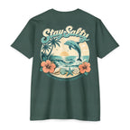 Forest Green Stay Salty Dolphin Shirt back with retro dolphin beach sunset graphic
