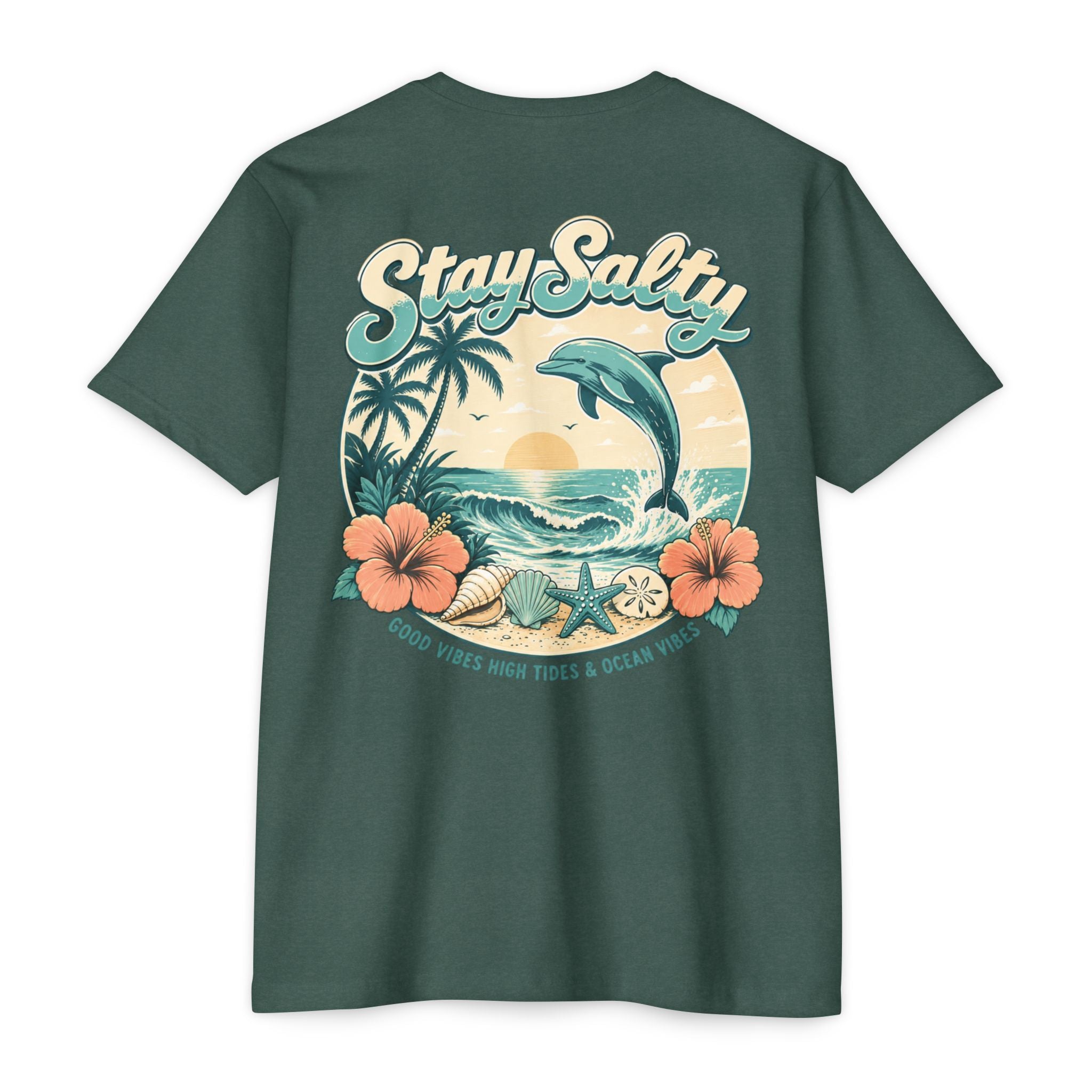 Forest Green Stay Salty Dolphin Shirt back with retro dolphin beach sunset graphic