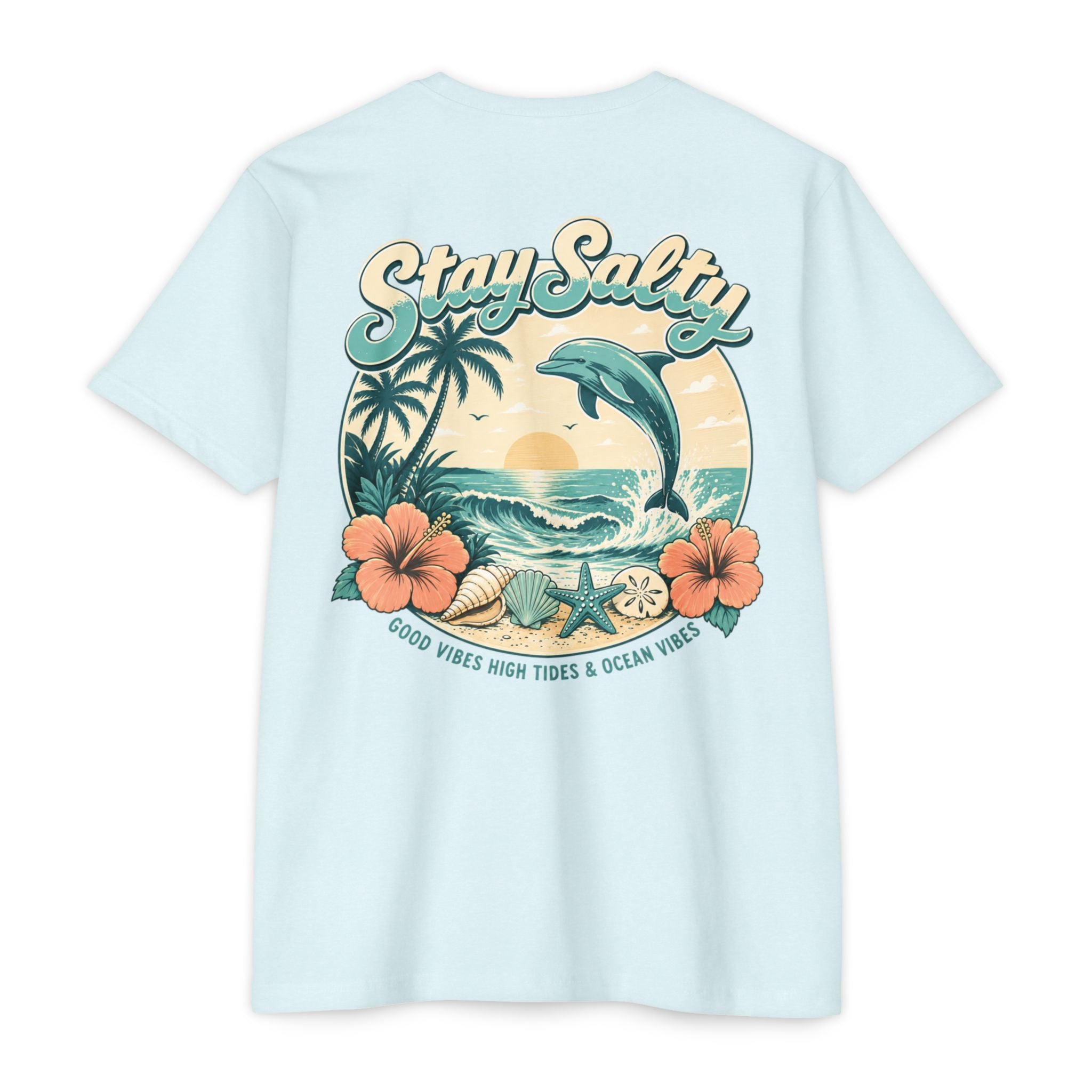 Ice Blue Stay Salty Dolphin Shirt back with retro dolphin beach sunset graphic