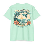 Mint Stay Salty Dolphin Shirt back with retro dolphin beach sunset graphic