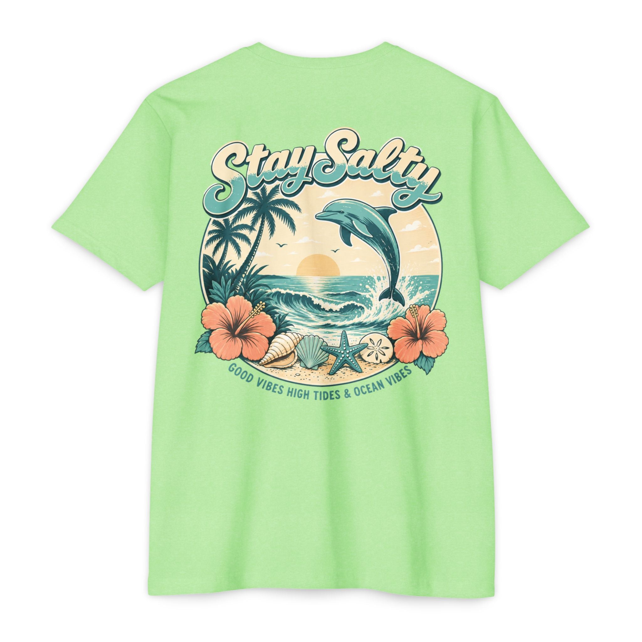 Neon Green Stay Salty Dolphin Shirt back with retro dolphin beach sunset graphic