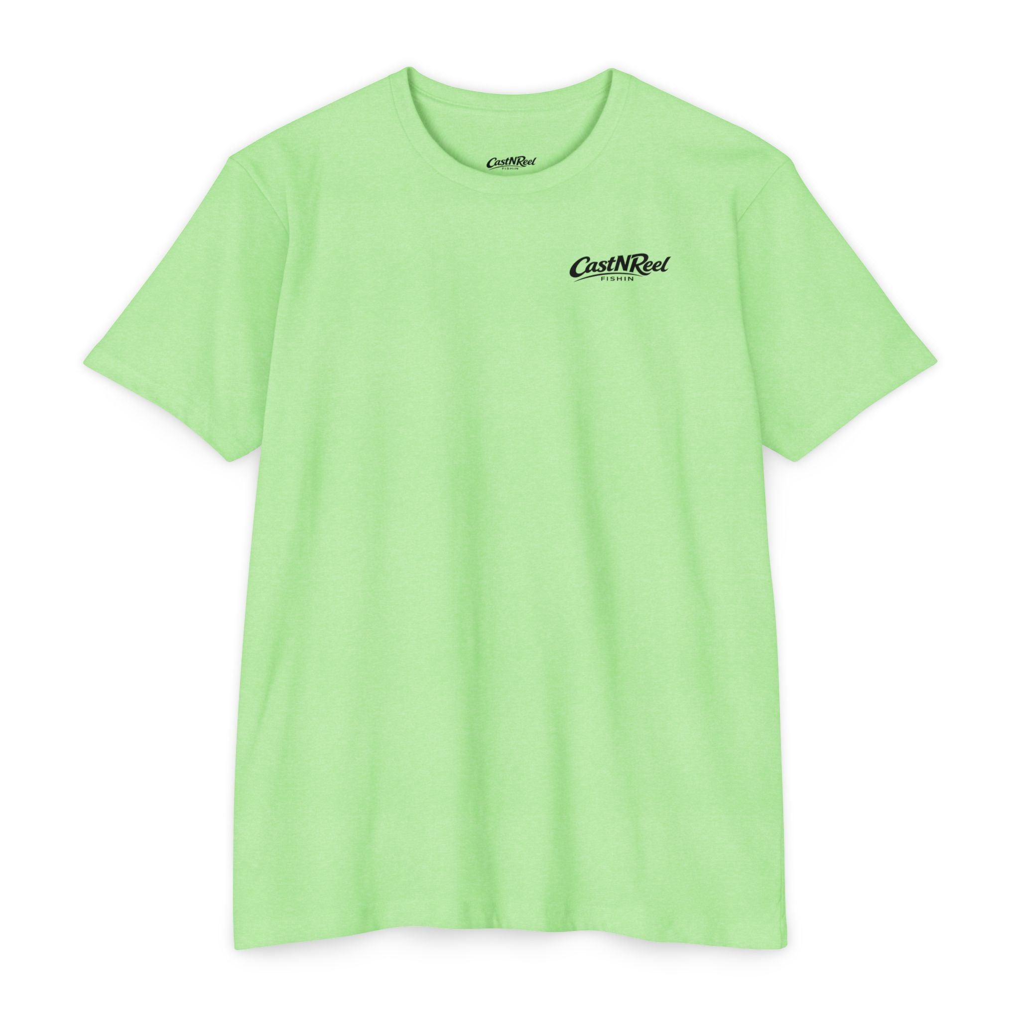 Neon Green Stay Salty Dolphin Shirt front with CastNReel Fishin logo