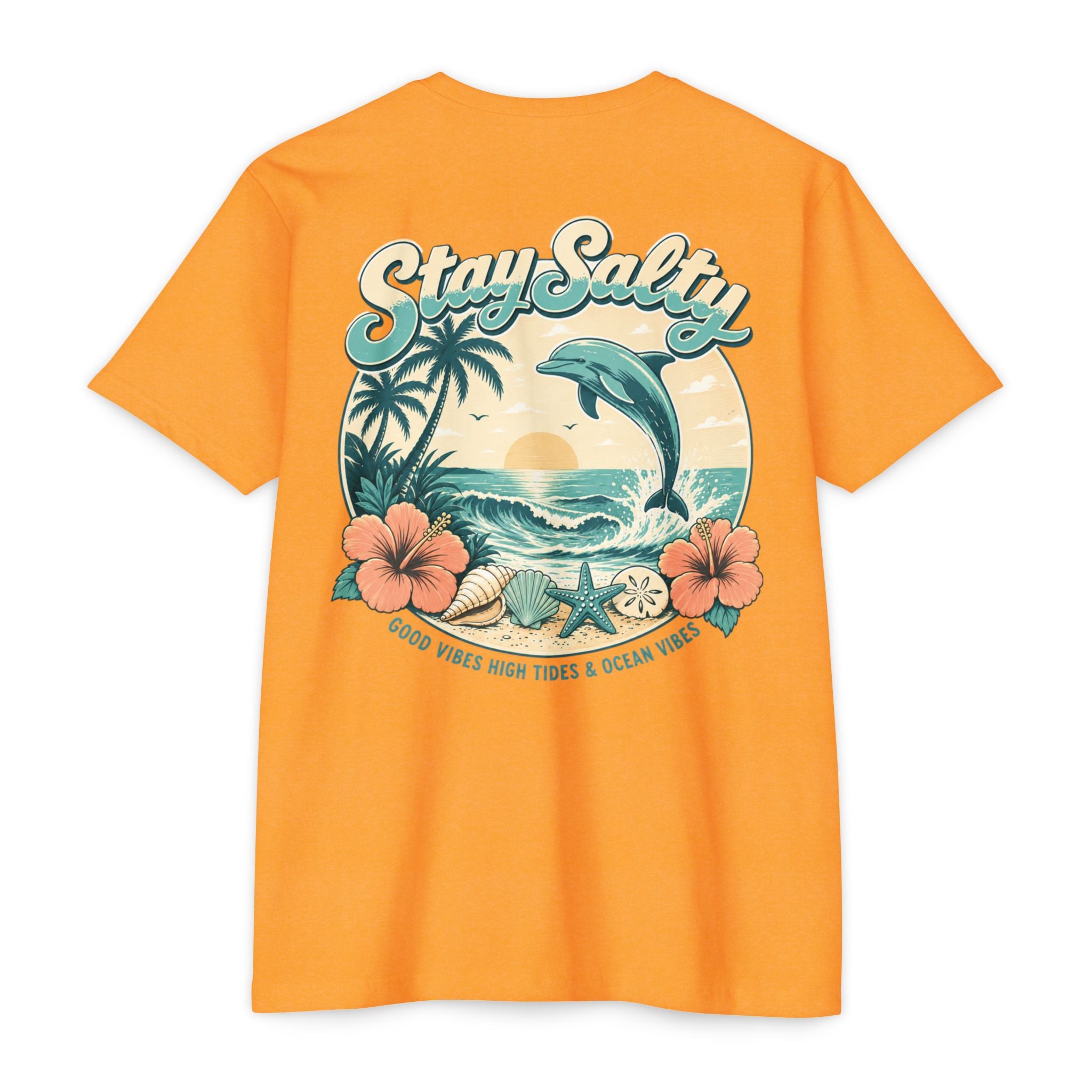 Orange Stay Salty Dolphin Shirt back with retro dolphin beach sunset graphic