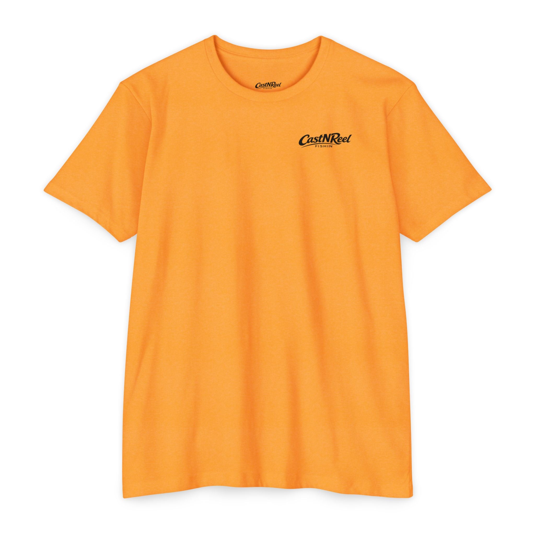 Orange Stay Salty Dolphin Shirt front with CastNReel Fishin logo