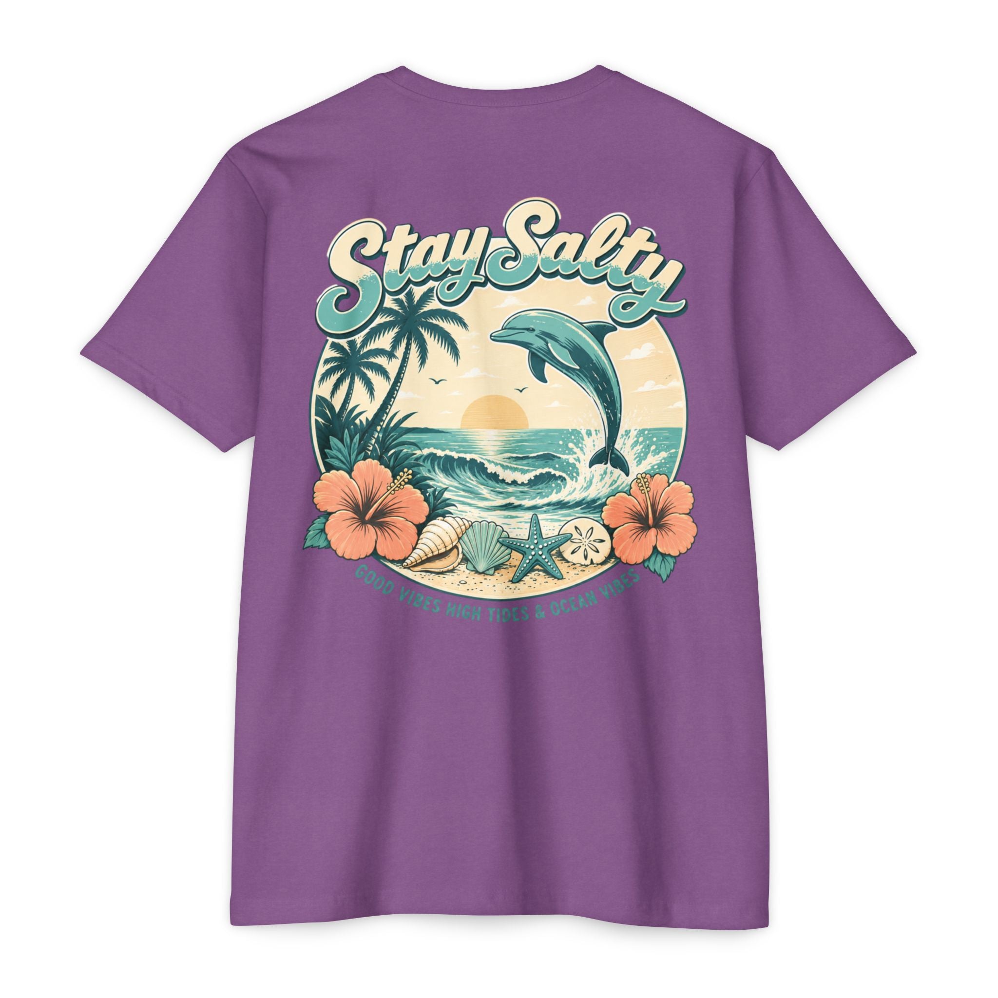 Purple Rush Stay Salty Dolphin Shirt back with retro dolphin beach sunset graphic
