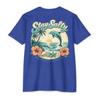 Royal Stay Salty Dolphin Shirt back with retro dolphin beach sunset graphic