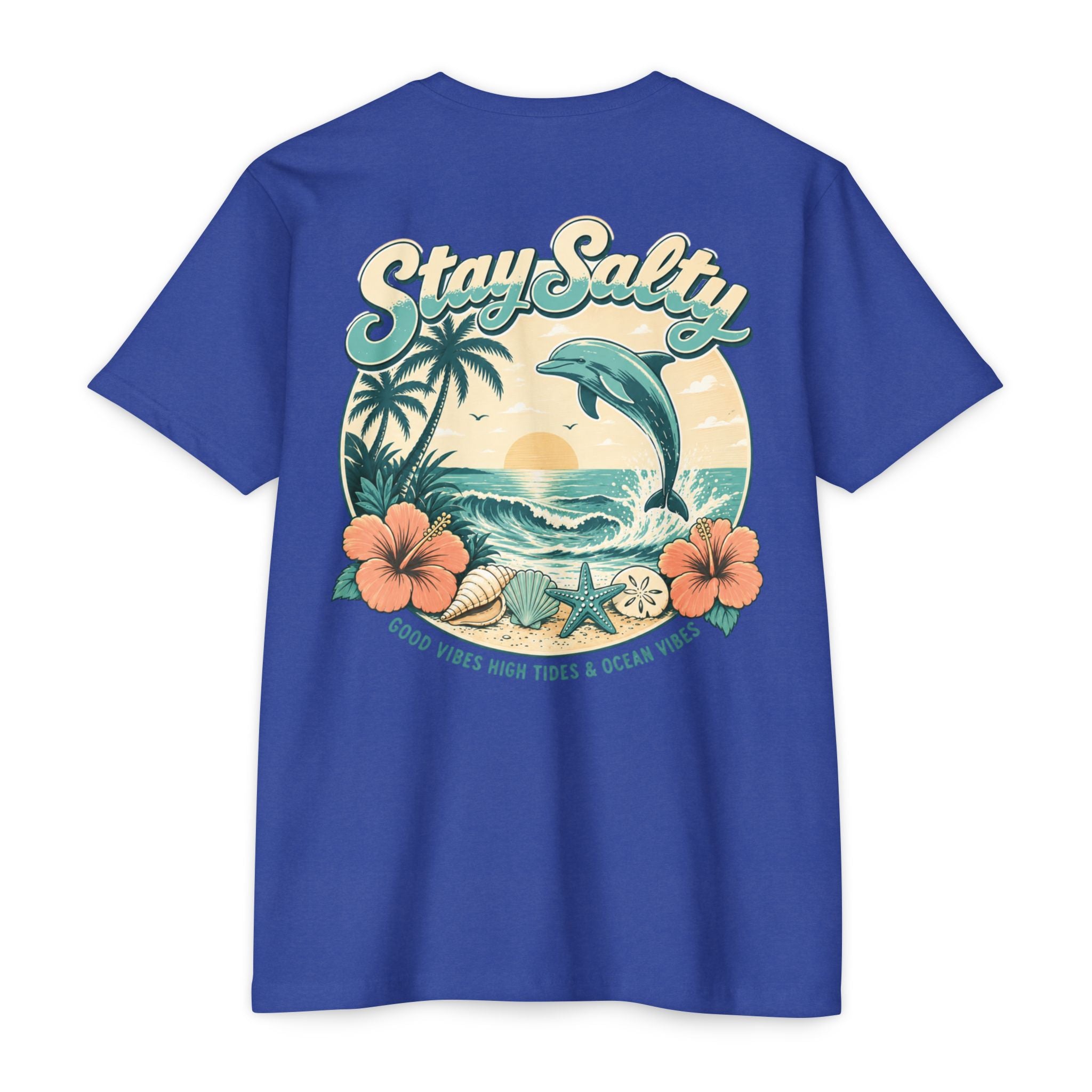 Royal Stay Salty Dolphin Shirt back with retro dolphin beach sunset graphic