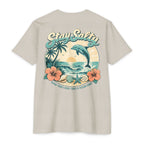 Sand Stay Salty Dolphin Shirt back with retro dolphin beach sunset graphic