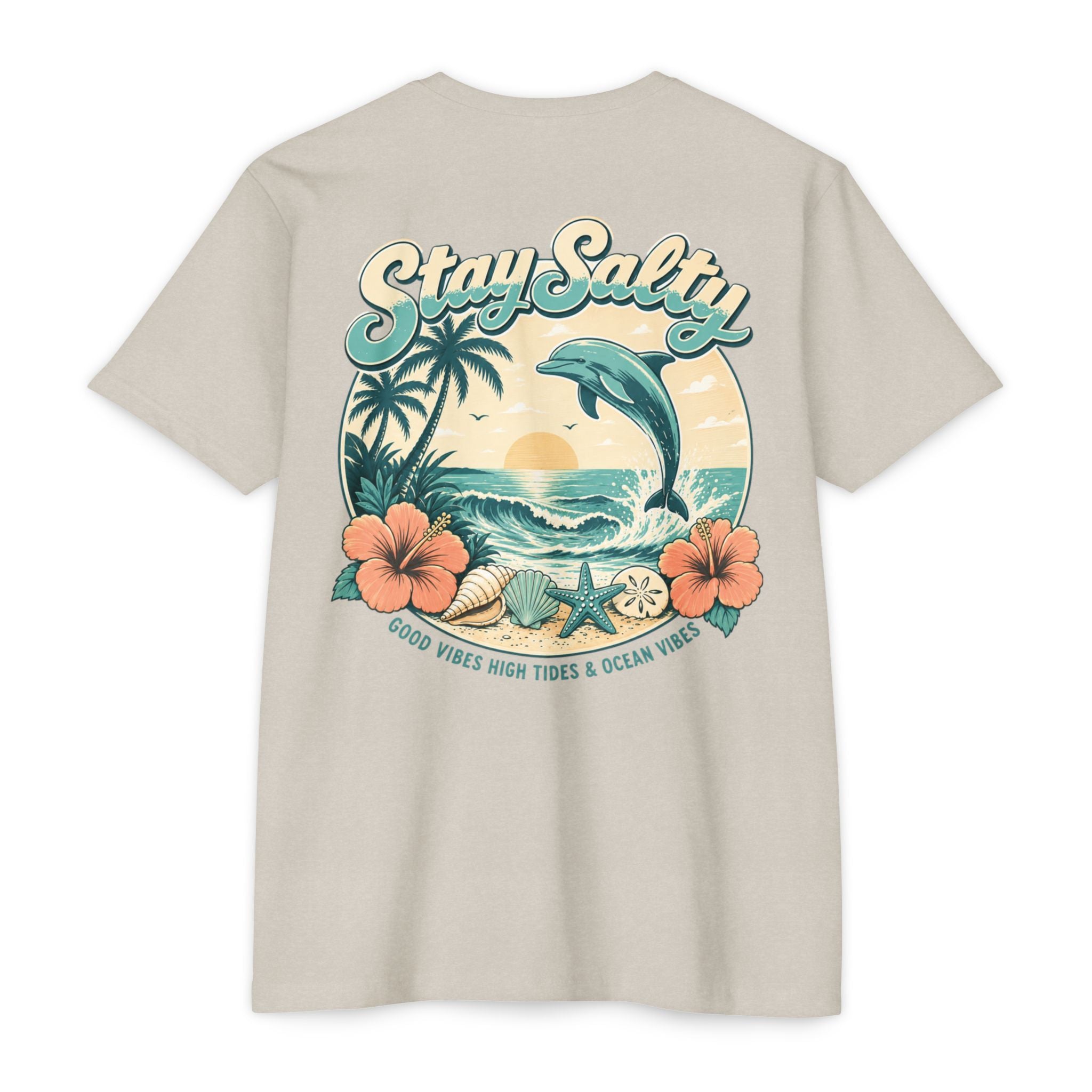 Sand Stay Salty Dolphin Shirt back with retro dolphin beach sunset graphic