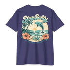 Storm Stay Salty Dolphin Shirt back with retro dolphin beach sunset graphic
