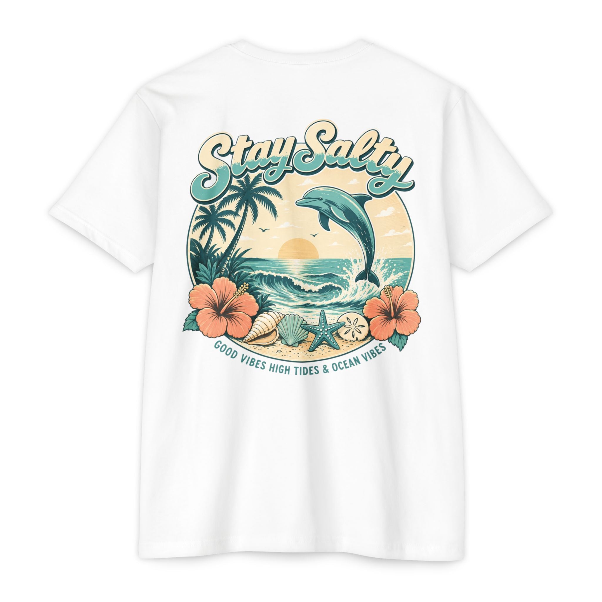 White Stay Salty Dolphin Shirt back with retro dolphin beach sunset graphic