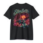 Black Stay Salty Mermaid Shirt back with colorful tropical mermaid sunset graphic