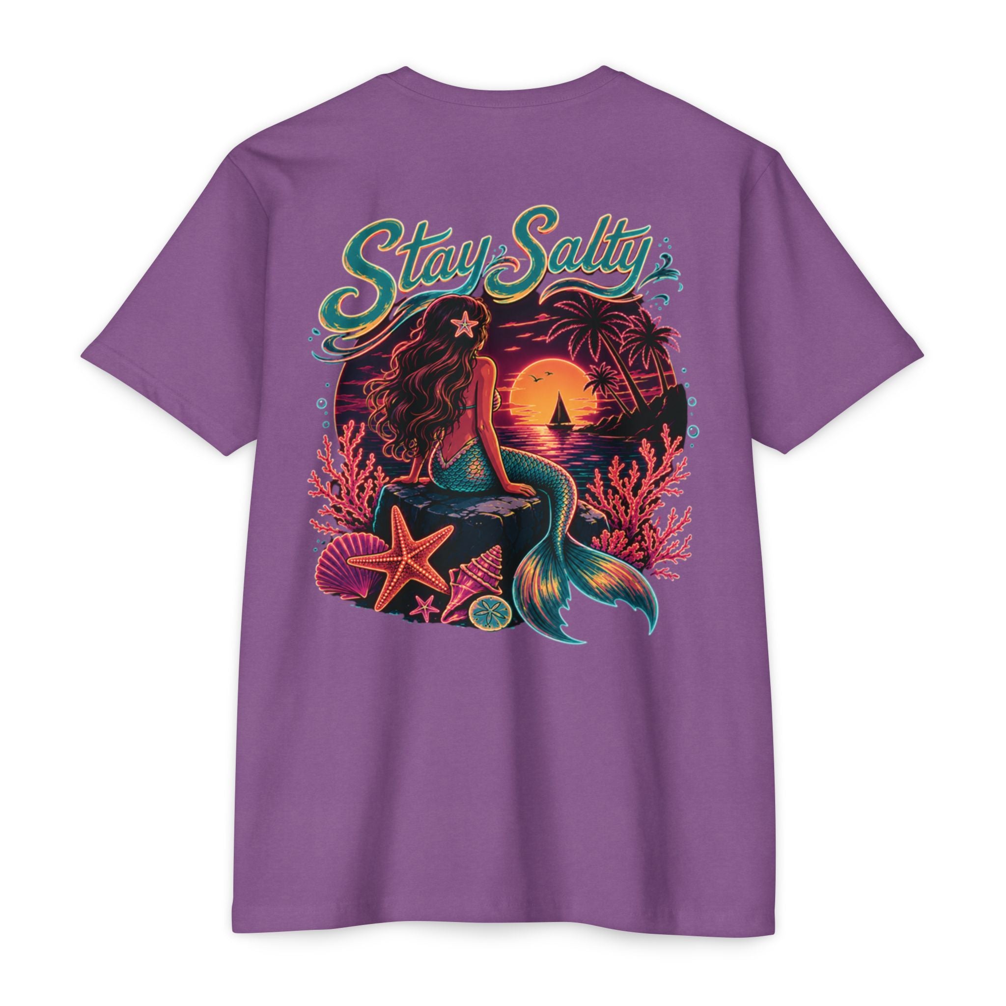 Purple Rush Stay Salty Mermaid Shirt back with colorful tropical mermaid sunset graphic