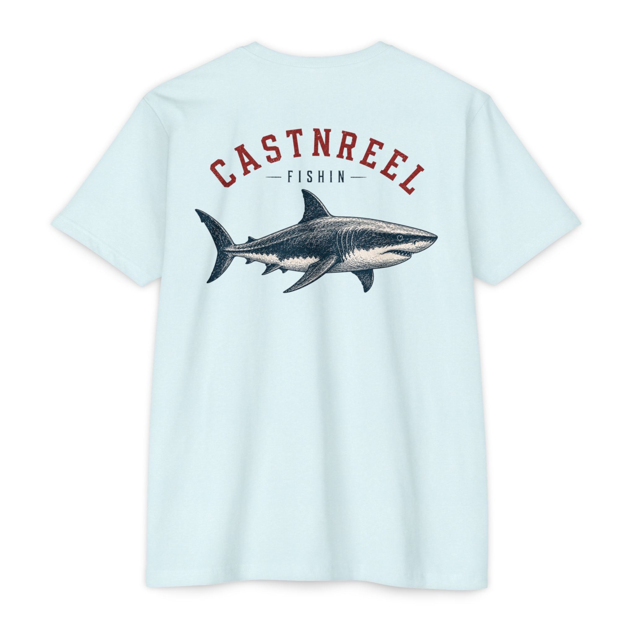 Ice Blue Vintage Great White Shark Shirt back with detailed great white shark graphic
