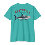 Teal Vintage Great White Shark Shirt back with detailed great white shark graphic