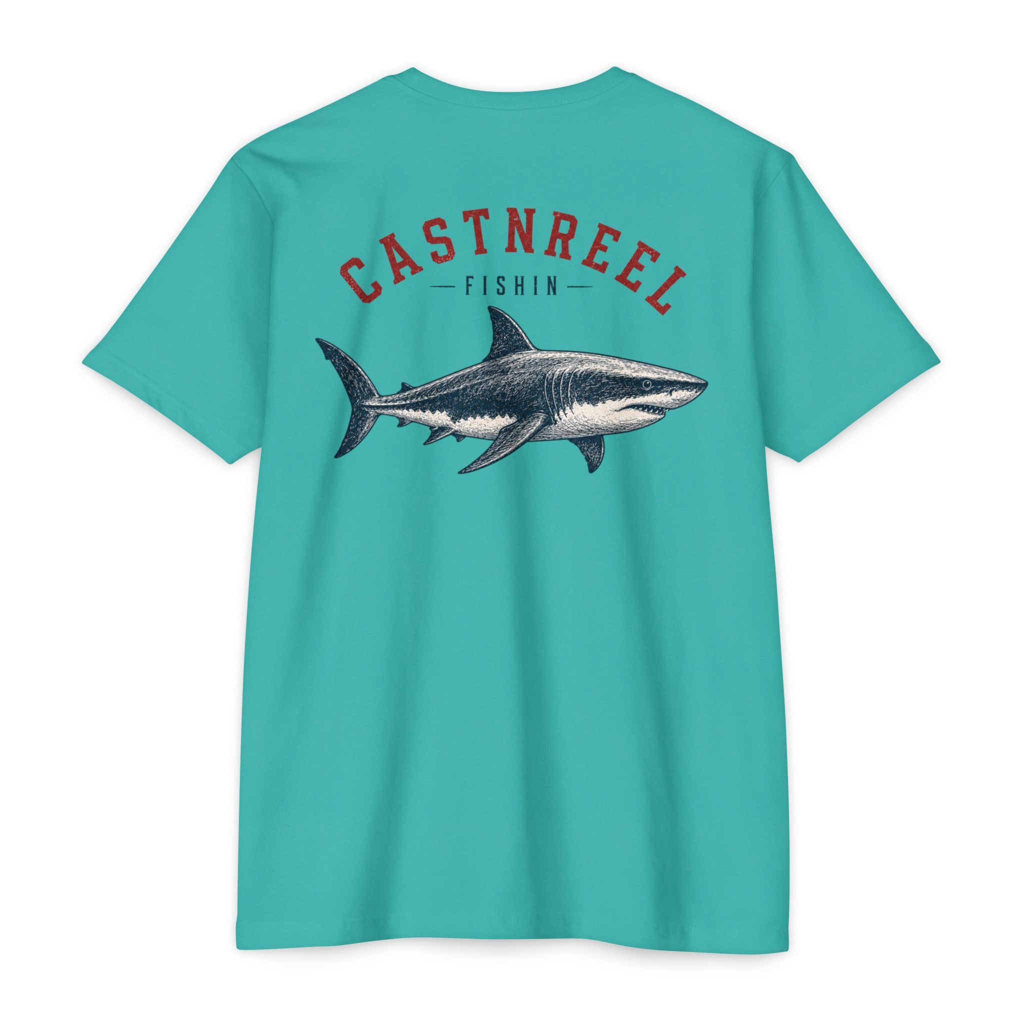 Teal Vintage Great White Shark Shirt back with detailed great white shark graphic