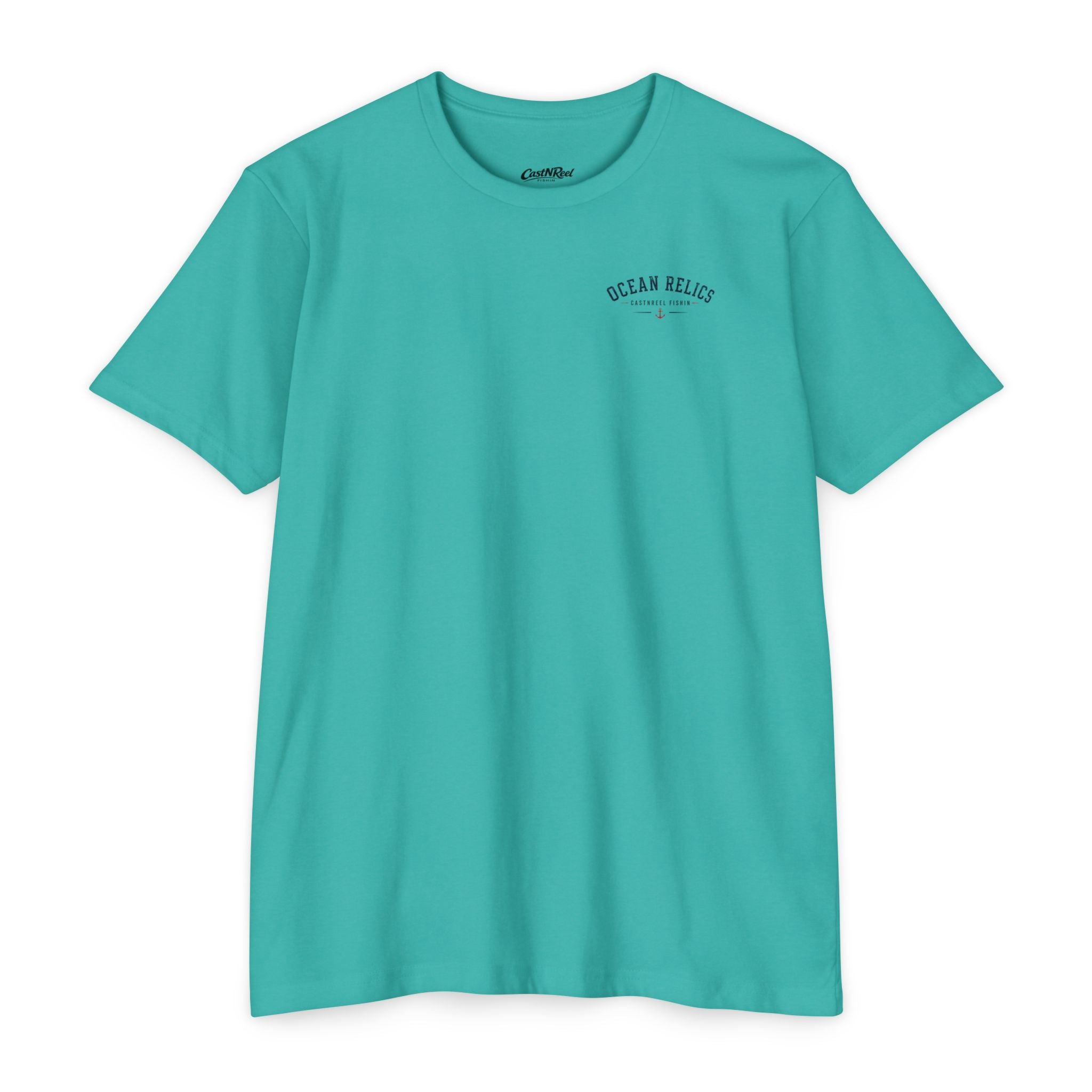 Teal Vintage Great White Shark Shirt front with Ocean Relics chest logo