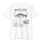 White Baffin Bay Field Notes fishing shirt featuring Speckled Trout illustration, habitat observations, species notes, and South Texas fishing journal artwork