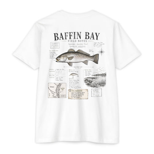 White Baffin Bay Field Notes fishing shirt featuring Speckled Trout illustration, habitat observations, species notes, and South Texas fishing journal artwork
