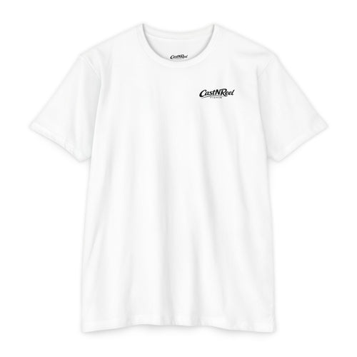 Front of white CastNReel Fishin shirt with minimalist chest logo
