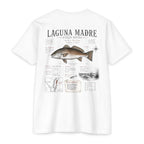 White Laguna Madre Field Notes fishing shirt featuring Red Drum illustration, species observations, habitat notes, and South Texas fishing journal artwork