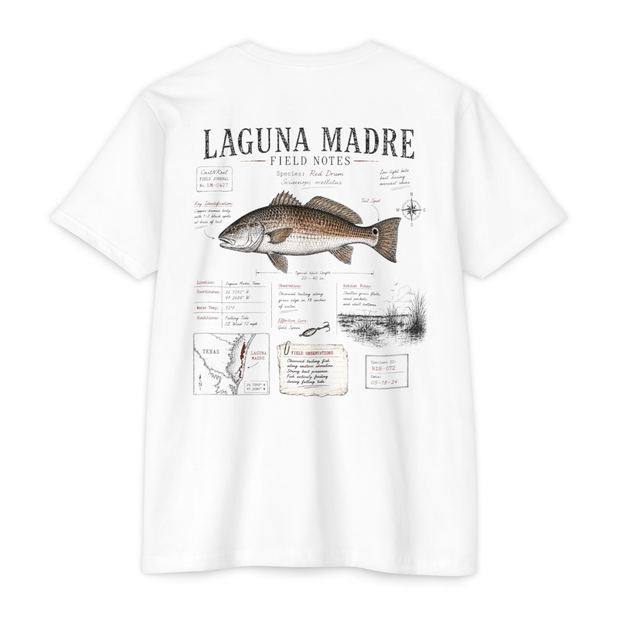 White Laguna Madre Field Notes fishing shirt featuring Red Drum illustration, species observations, habitat notes, and South Texas fishing journal artwork