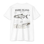 White Padre Island Field Notes fishing shirt featuring a detailed Tarpon illustration, species notes, habitat observations, and Texas coastal fishing journal artwork