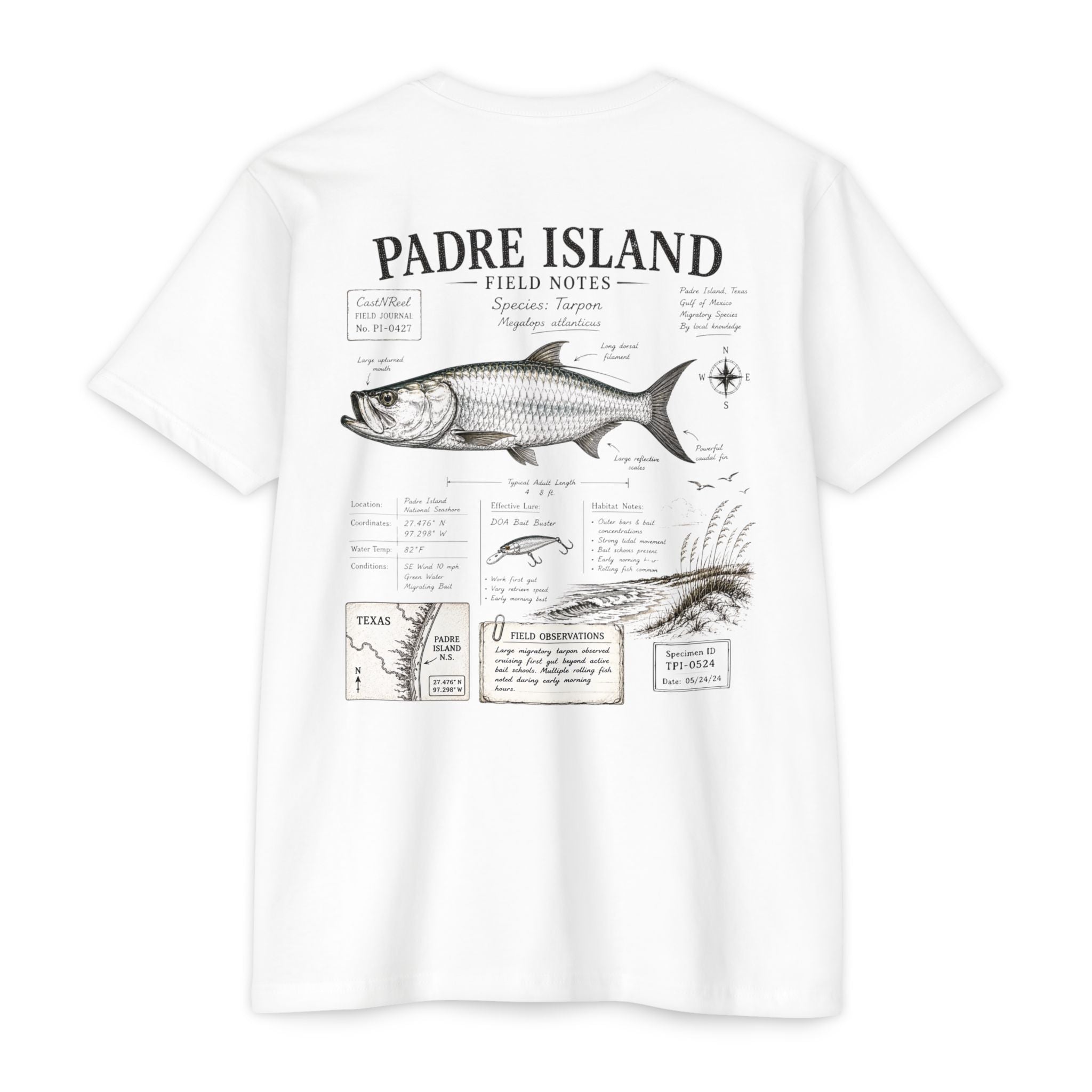 White Padre Island Field Notes fishing shirt featuring a detailed Tarpon illustration, species notes, habitat observations, and Texas coastal fishing journal artwork