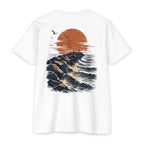 White Port Aransas Jetty Sunset fishing shirt featuring crashing Gulf waves, granite jetties, seabirds, and a coastal sunset