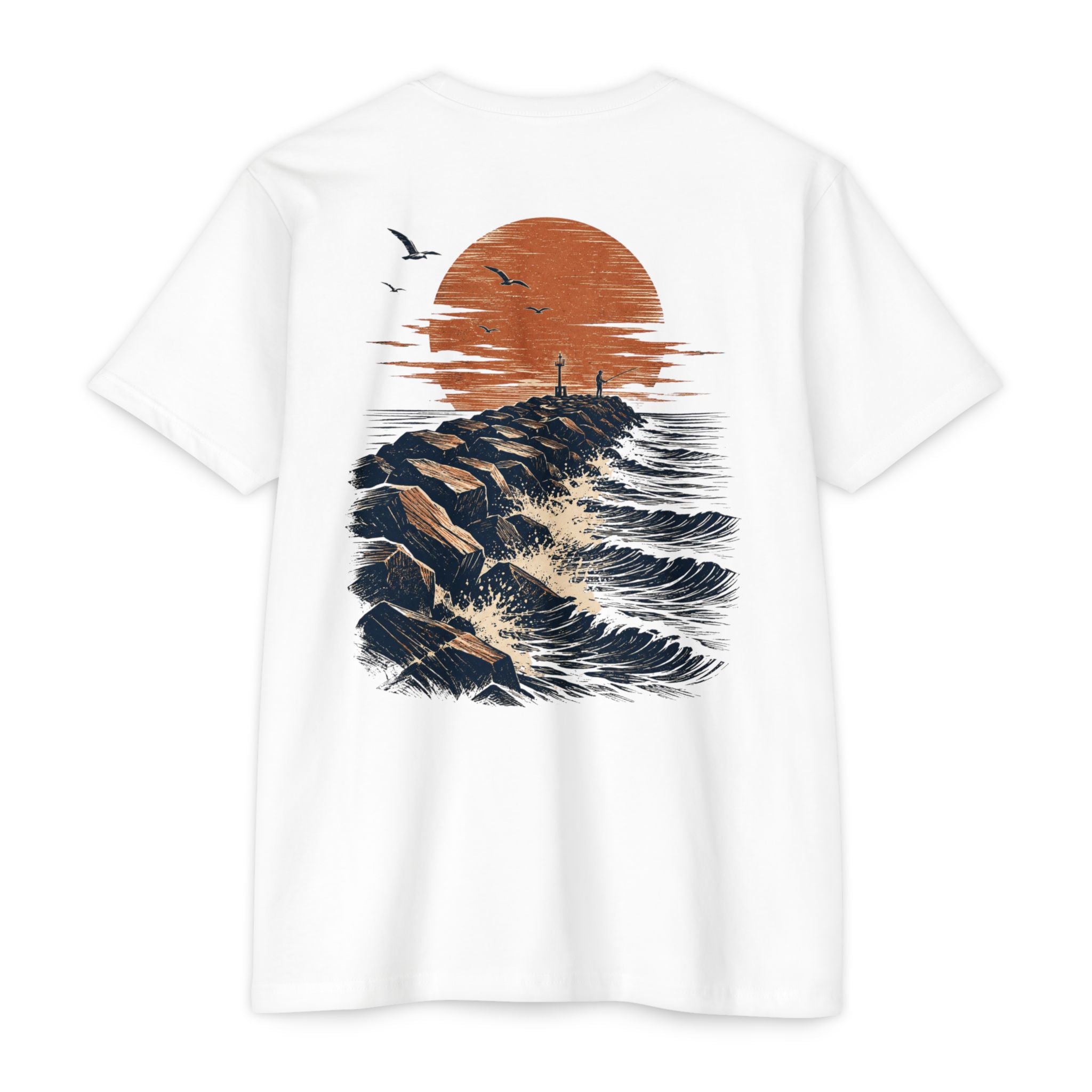 White Port Aransas Jetty Sunset fishing shirt featuring crashing Gulf waves, granite jetties, seabirds, and a coastal sunset