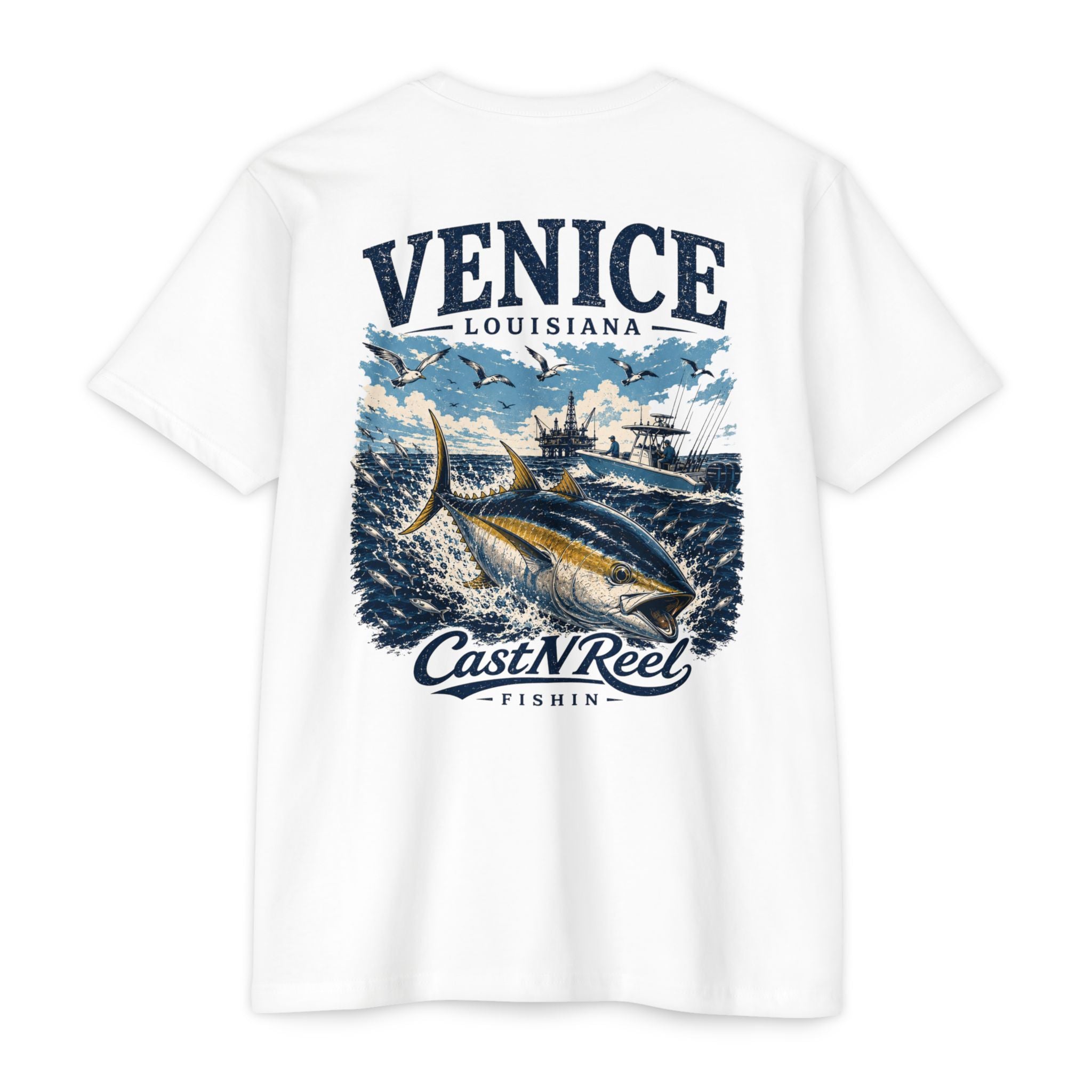White Venice Louisiana fishing shirt featuring yellowfin tuna, offshore boats, Gulf oil platform, and ocean artwork
