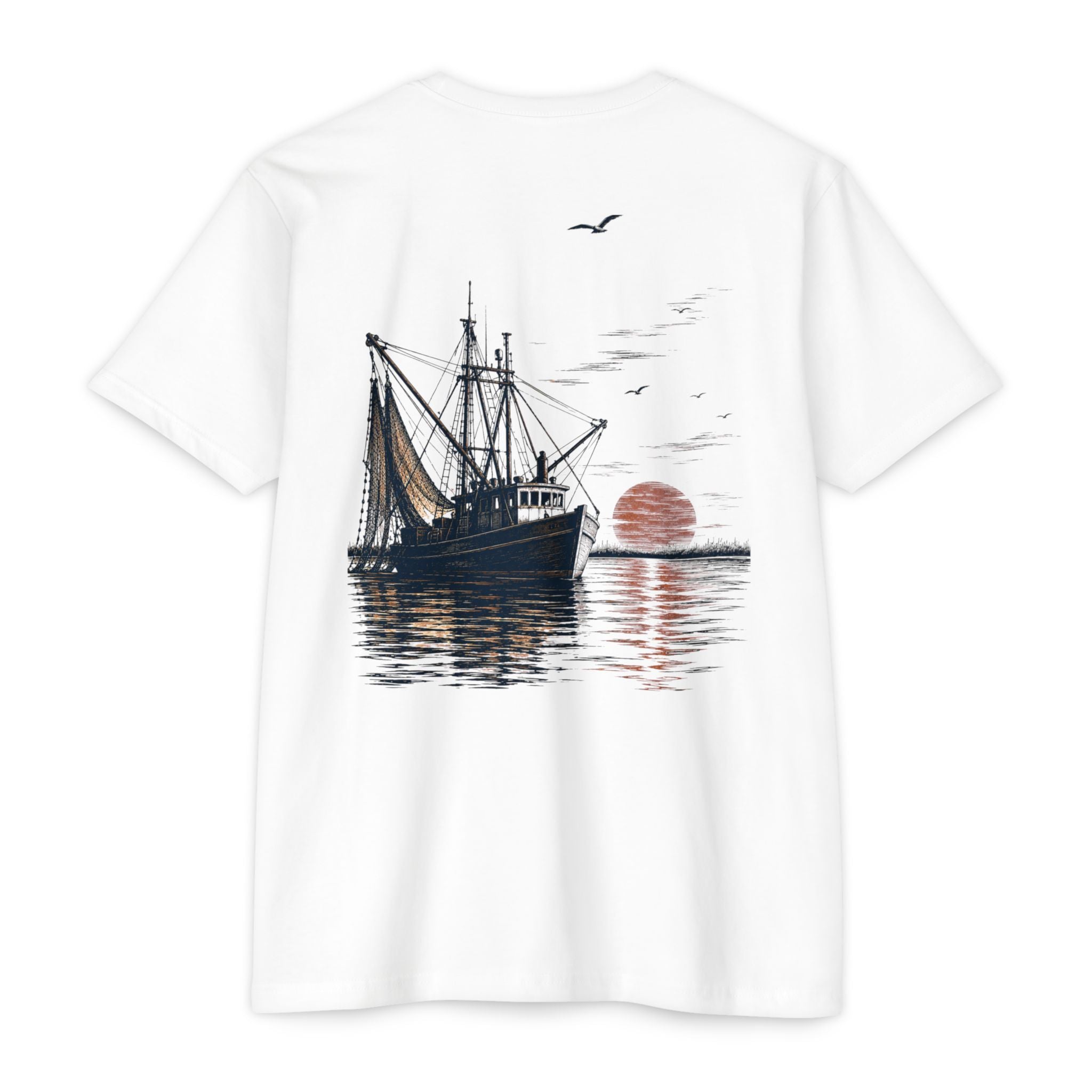 White vintage shrimp boat sunset fishing shirt featuring a Gulf Coast shrimp trawler on calm coastal waters at sunset