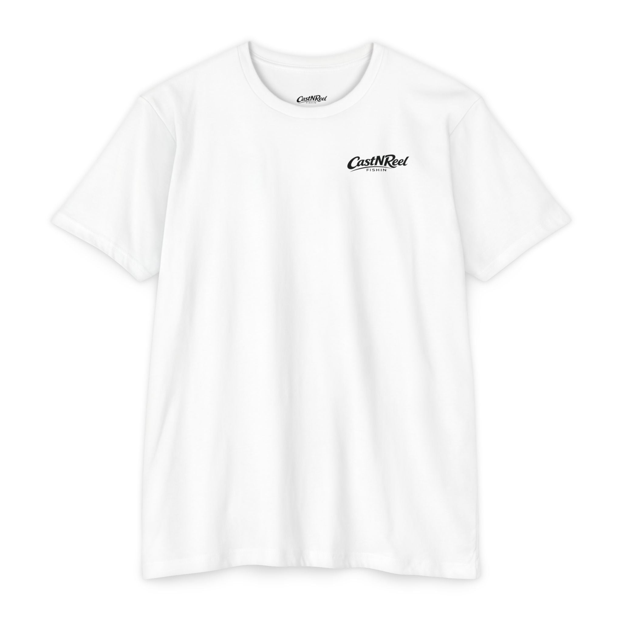 White CastNReel Fishin shirt with minimalist chest logo